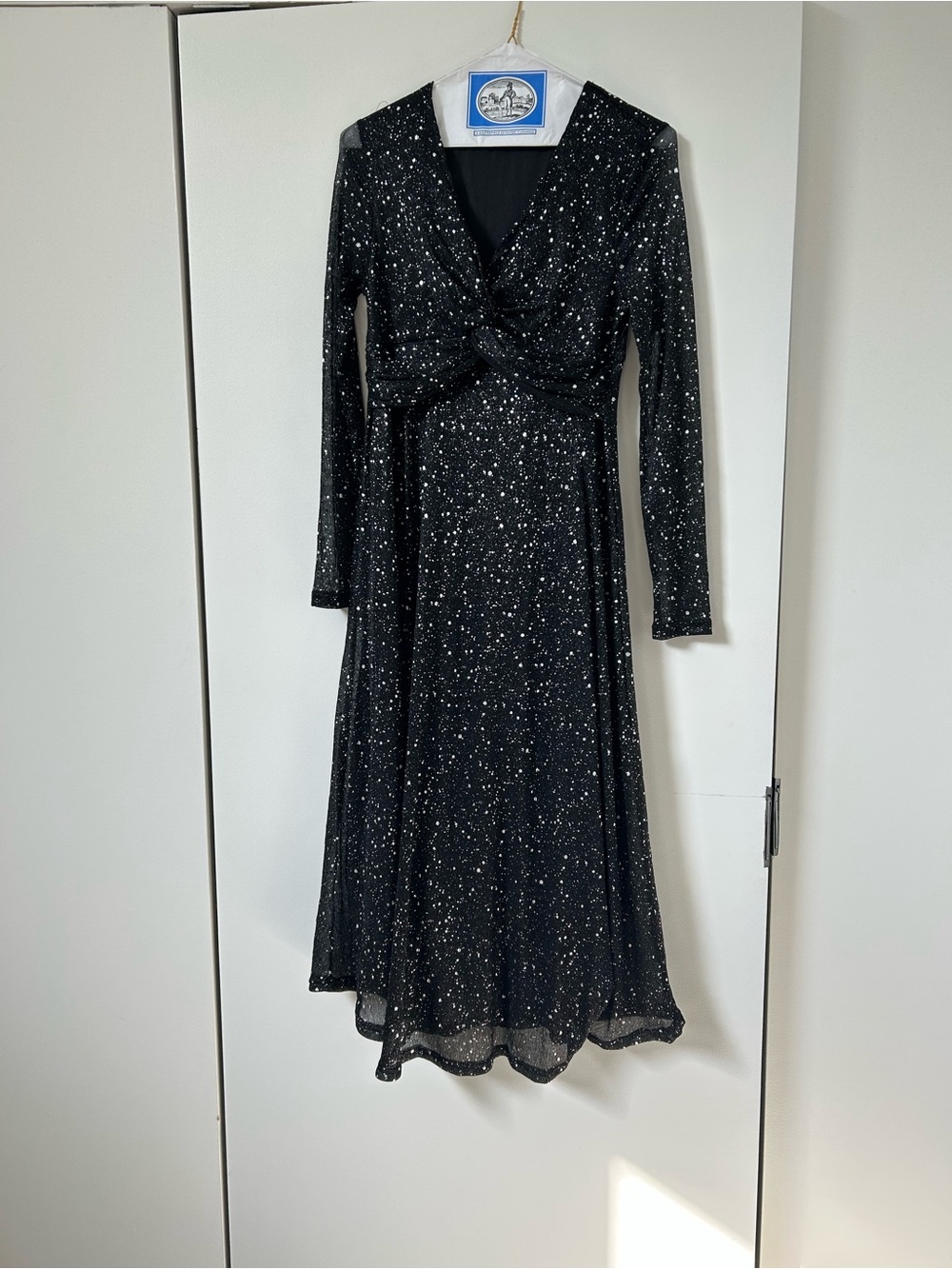 Black Sparkle Long Sleeve Twist-Front Dress